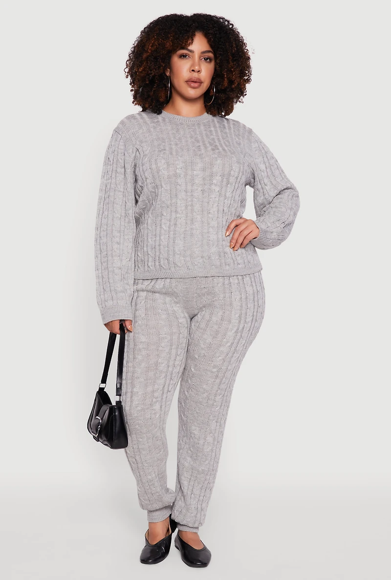Womens Plus Cable Knit Crew Neck Pullover Sweater, Grey,