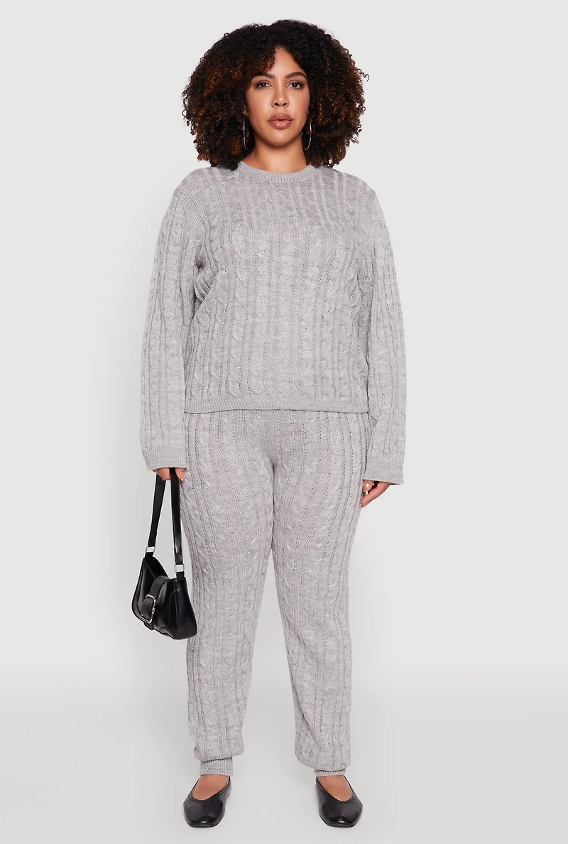 Womens Plus Cable Knit Crew Neck Pullover Sweater, Grey,