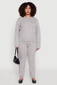 Womens Plus Size Cable Knit Crew Neck Pullover Sweater, Grey, Size 2X