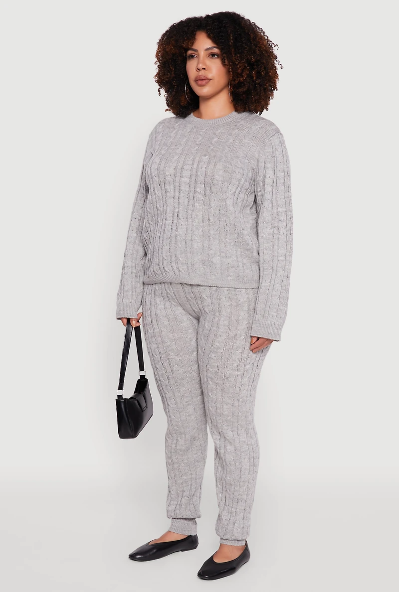 Womens Plus Cable Knit Crew Neck Pullover Sweater, Grey,