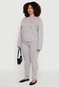 Womens Plus Cable Knit Crew Neck Pullover Sweater, Grey,