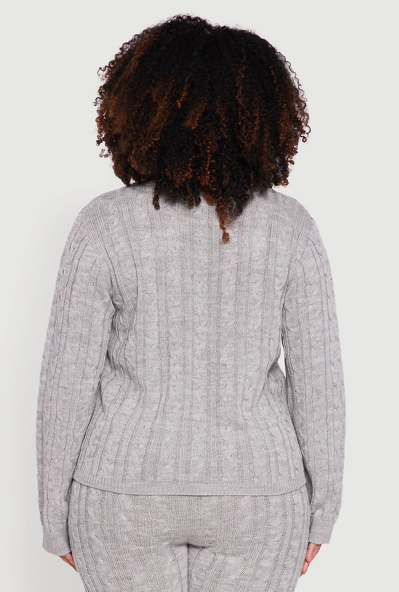 Womens Plus Size Cable Knit Crew Neck Pullover Sweater, Grey, Size 2X