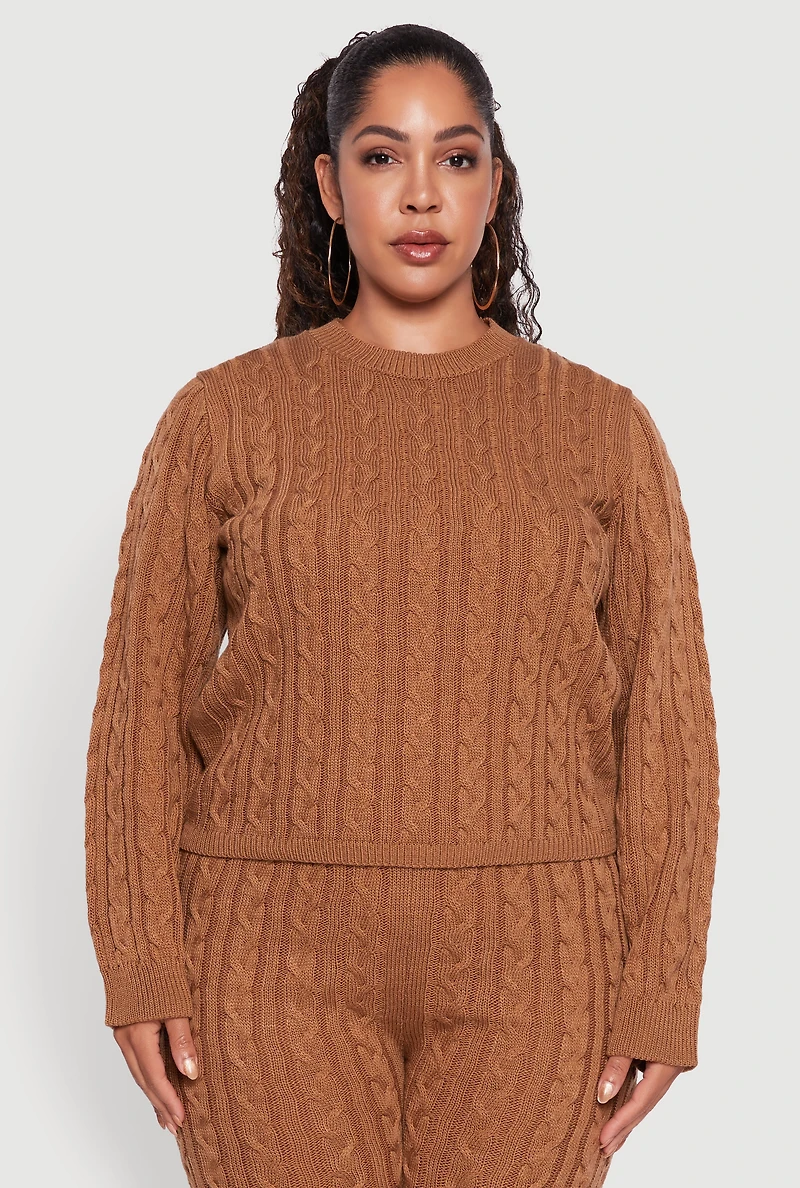 Womens Plus Cable Knit Crew Neck Pullover Sweater, Brown,