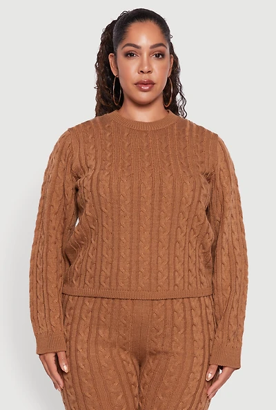 Womens Plus Cable Knit Crew Neck Pullover Sweater, Brown,