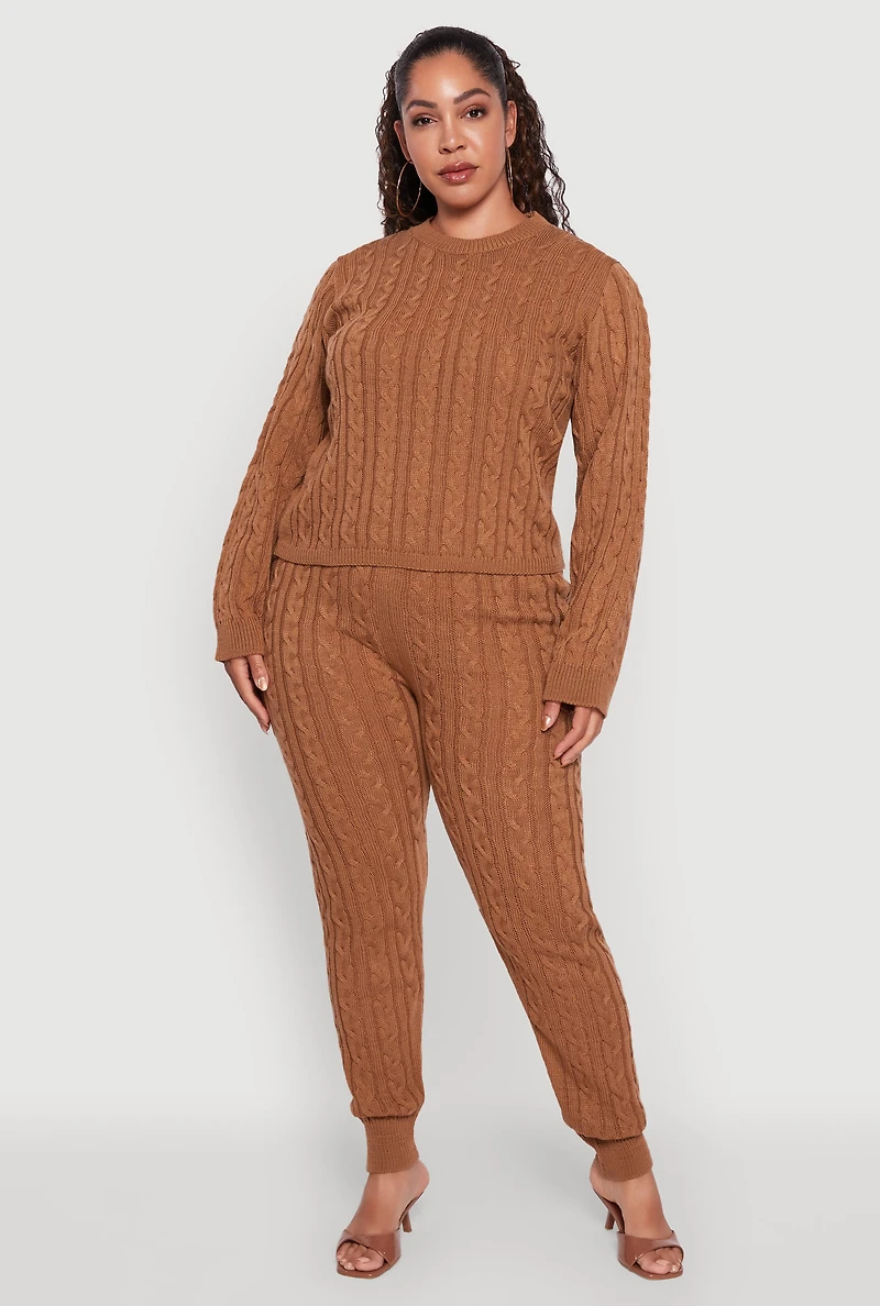 Womens Plus Size Cable Knit Crew Neck Pullover Sweater, Brown, Size 2X