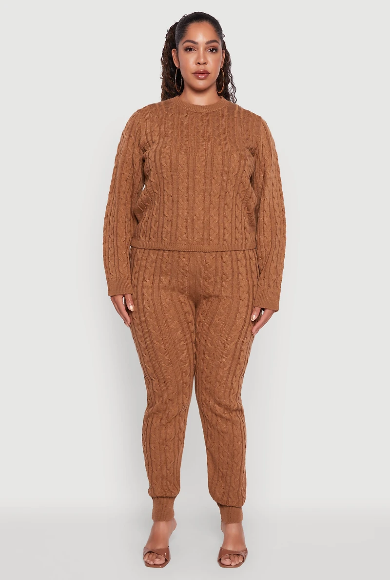 Womens Plus Cable Knit Crew Neck Pullover Sweater, Brown,