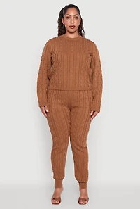 Womens Plus Cable Knit Crew Neck Pullover Sweater, Brown,