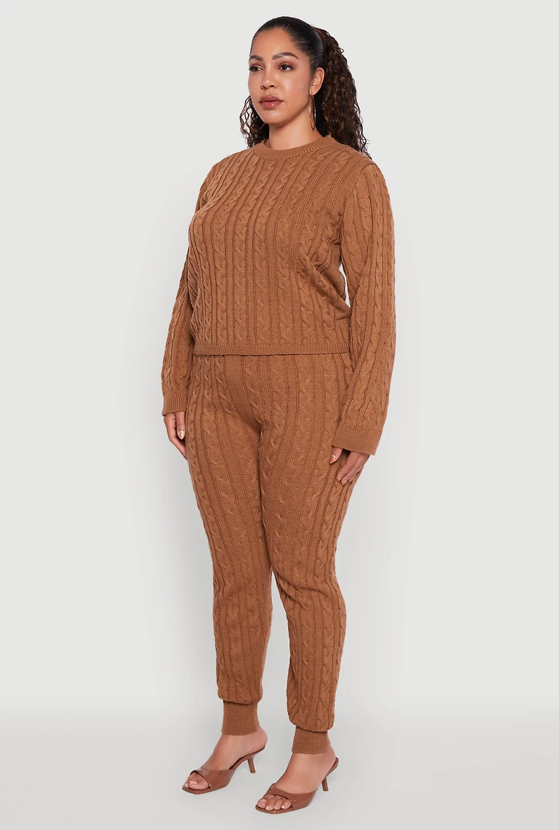 Womens Plus Cable Knit Crew Neck Pullover Sweater, Brown,