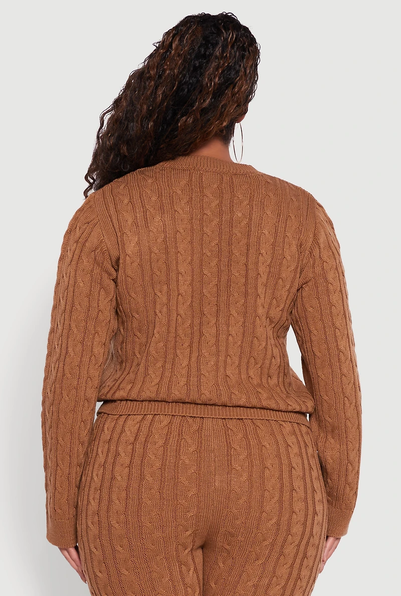 Womens Plus Cable Knit Crew Neck Pullover Sweater, Brown,