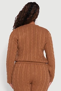 Womens Plus Cable Knit Crew Neck Pullover Sweater, Brown,