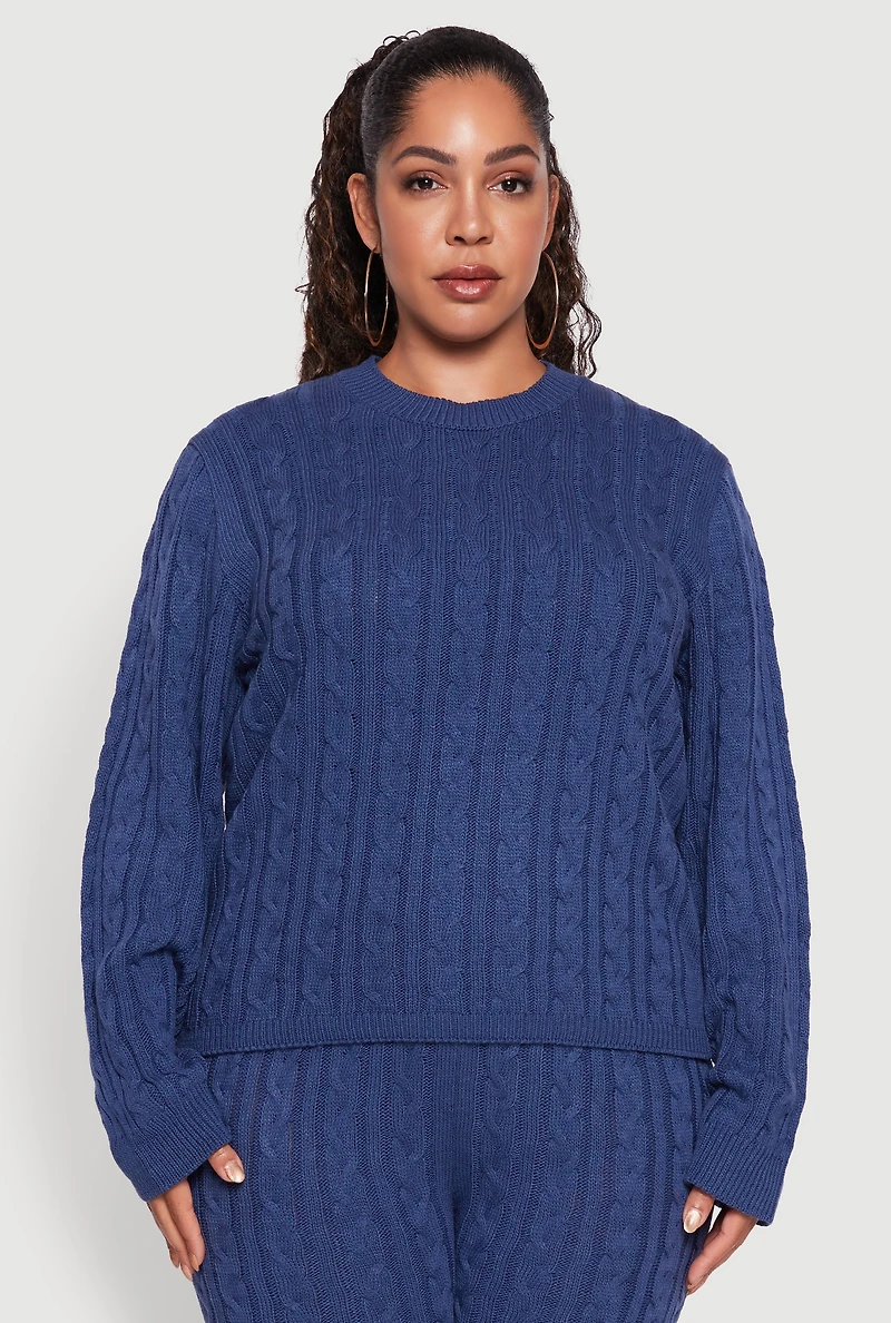 Womens Plus Size Cable Knit Crew Neck Pullover Sweater, Blue, Size 3X