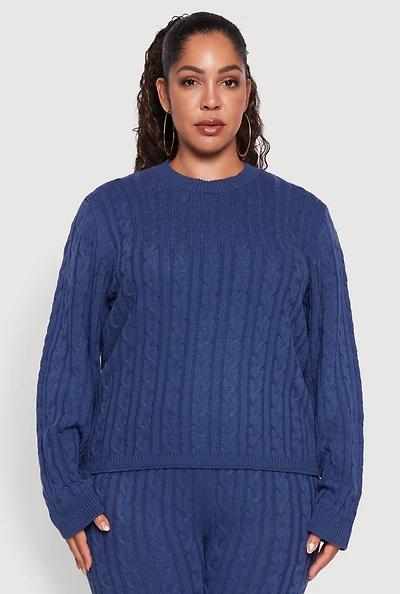 Womens Plus Size Cable Knit Crew Neck Pullover Sweater, Blue, Size 3X