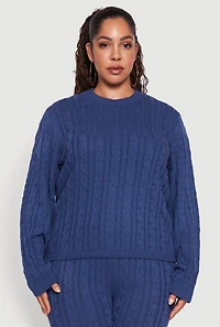 Womens Plus Size Cable Knit Crew Neck Pullover Sweater, Blue, Size 3X