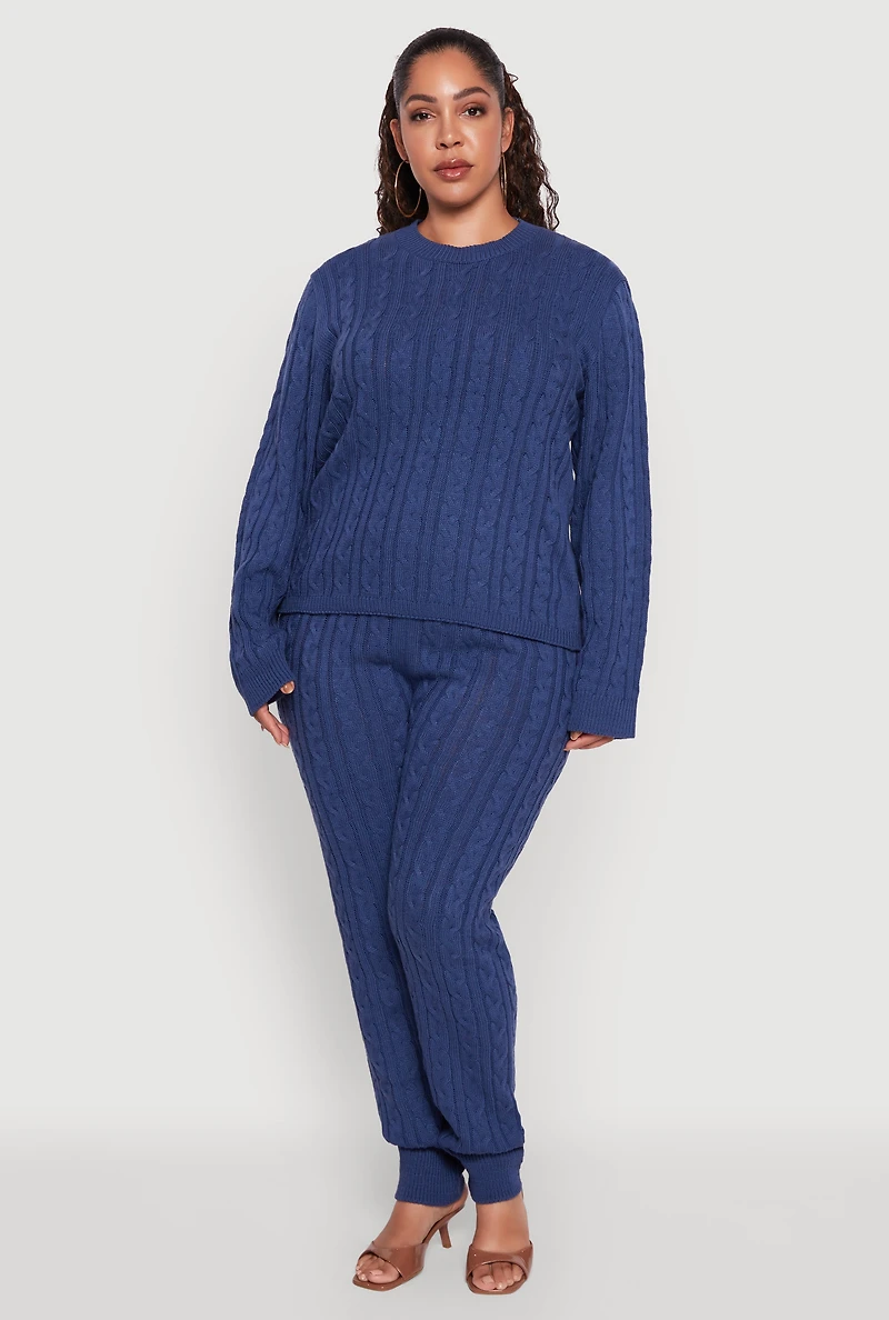 Womens Plus Size Cable Knit Crew Neck Pullover Sweater, Blue, Size 3X