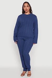 Womens Plus Size Cable Knit Crew Neck Pullover Sweater, Blue, Size 3X
