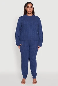 Womens Plus Size Cable Knit Crew Neck Pullover Sweater, Blue, Size 3X