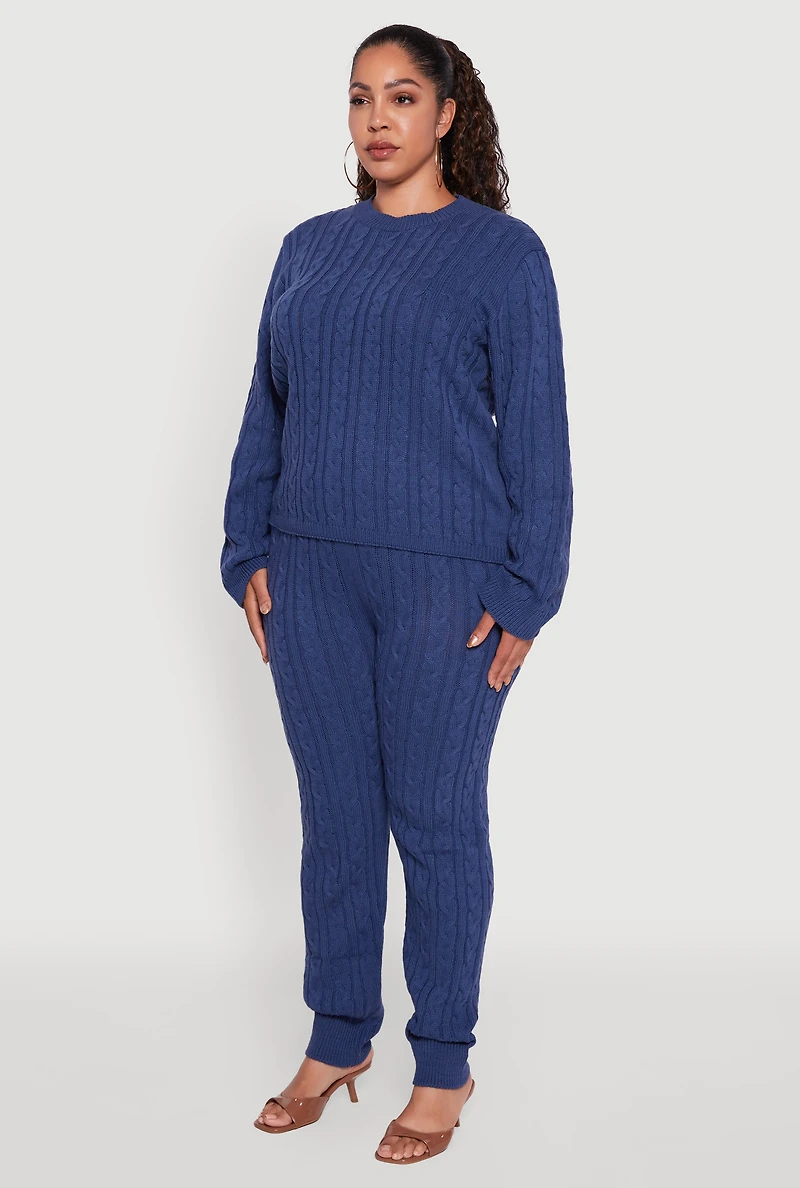 Womens Plus Size Cable Knit Crew Neck Pullover Sweater, Blue, Size 3X