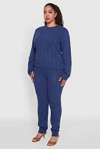 Womens Plus Size Cable Knit Crew Neck Pullover Sweater, Blue, Size 3X