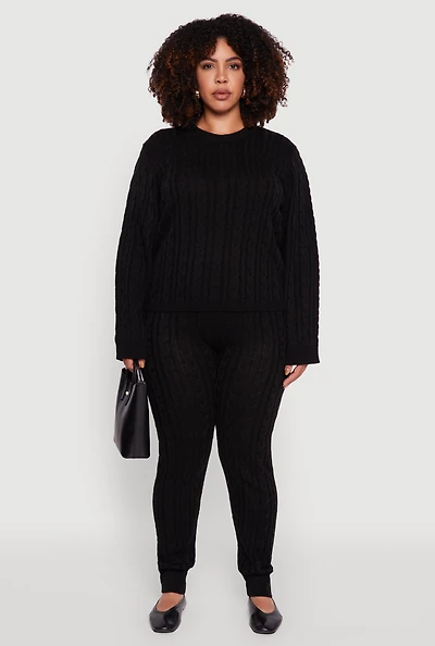 Womens Plus Size Cable Knit Joggers, Black, Size 2X