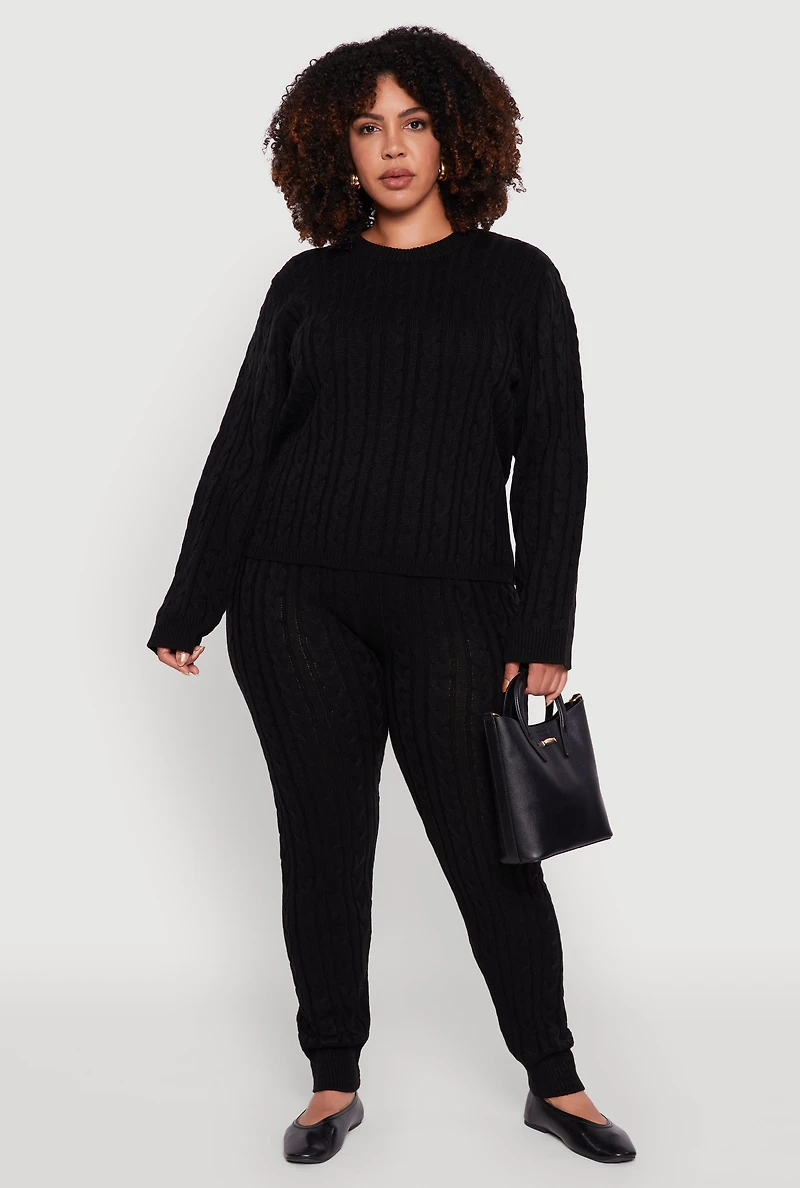 Womens Plus Size Cable Knit Joggers, Black, Size 3X