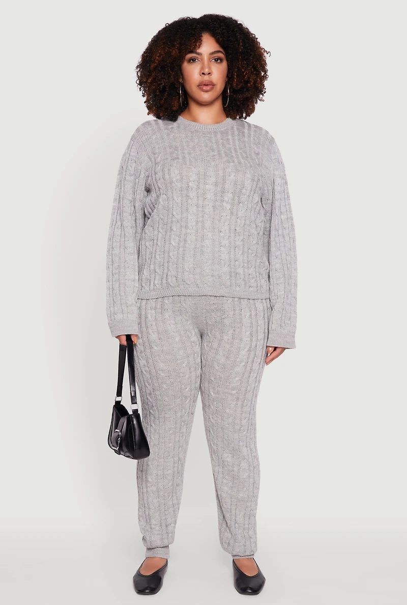Womens Plus Cable Knit Joggers, Grey,