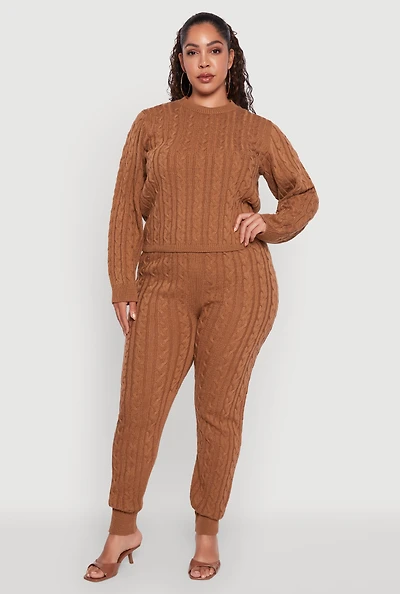 Womens Plus Size Cable Knit Joggers, Brown, Size 3X