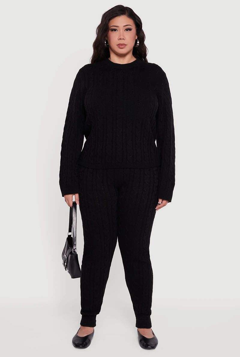 Womens Plus Cable Knit High Waisted Joggers,