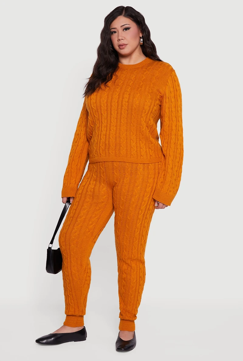 Womens Plus Size Cable Knit High Waisted Joggers, Orange, Size 3X