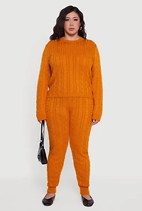 Womens Plus Size Cable Knit High Waisted Joggers, Orange, Size 3X