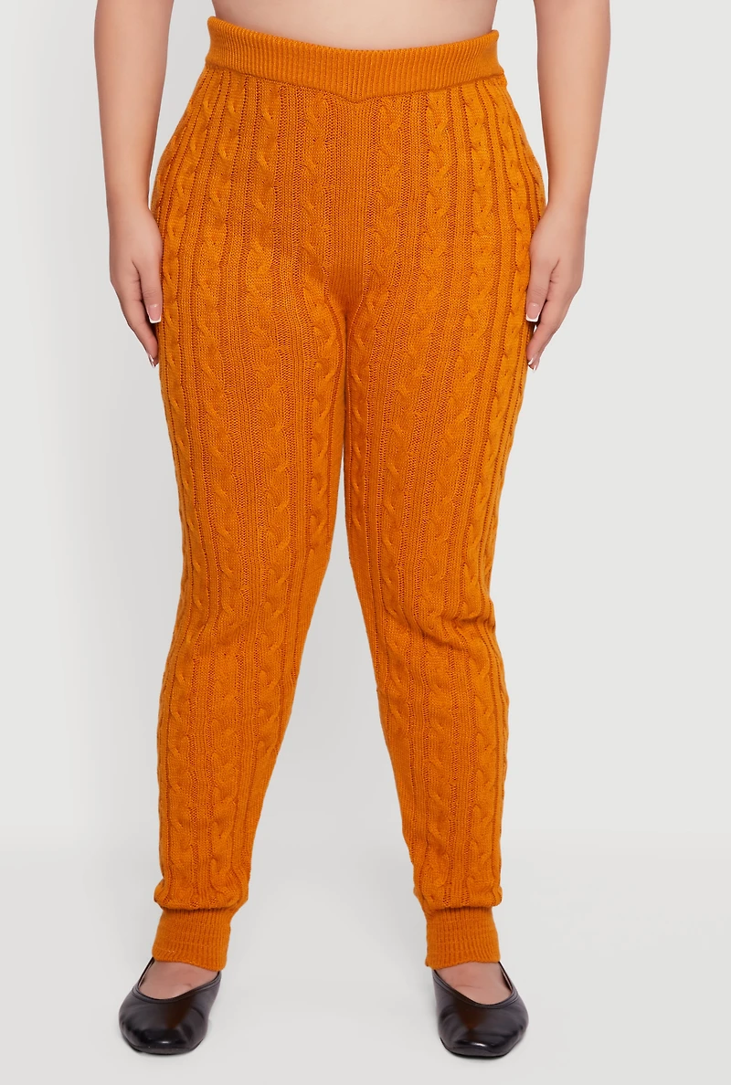 Womens Plus Size Cable Knit High Waisted Joggers, Orange, Size 3X