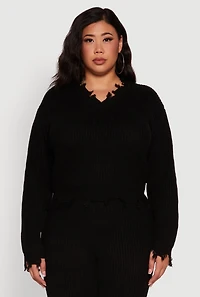 Womens Plus Crochet V-Neck Frayed Sweater,
