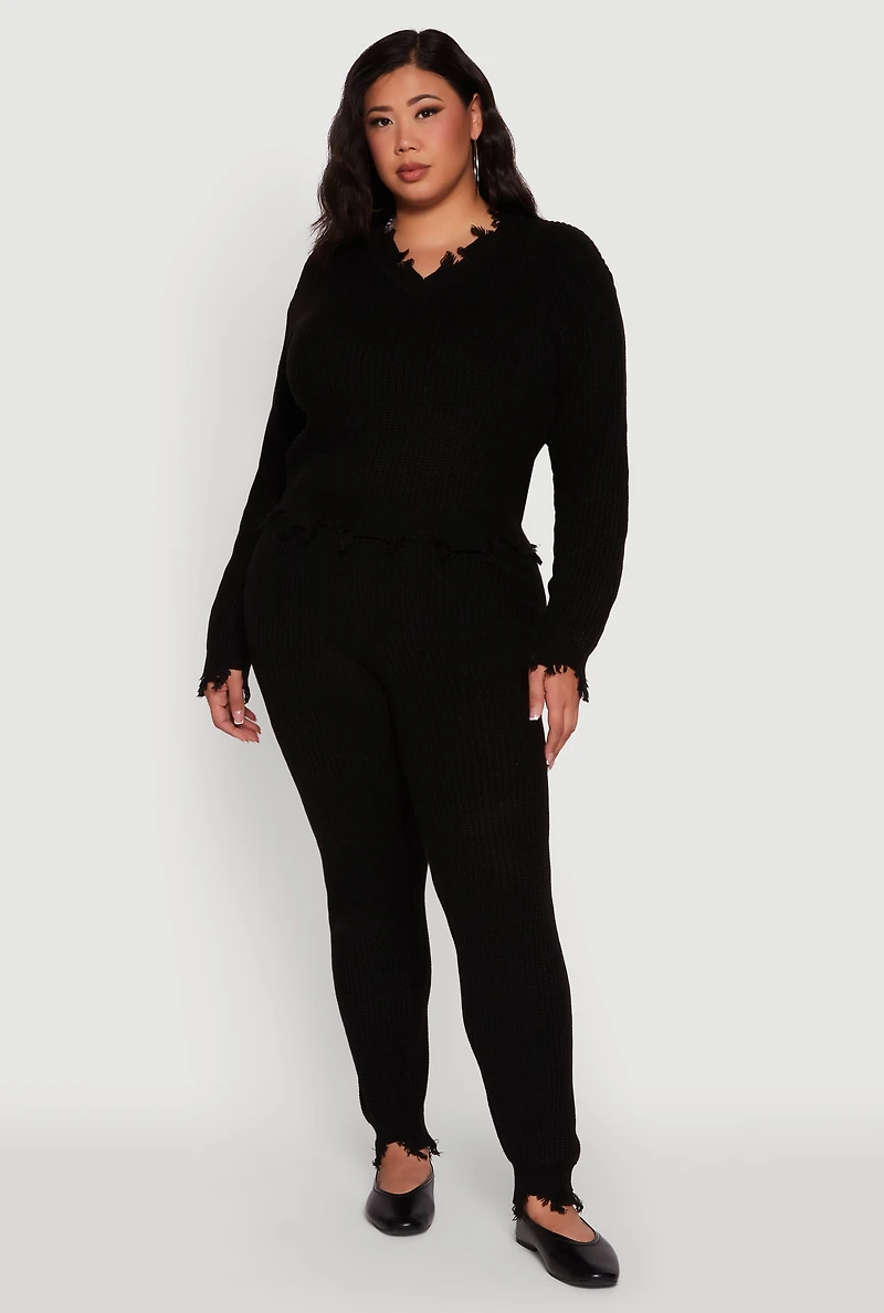 Womens Plus Crochet V-Neck Frayed Sweater,