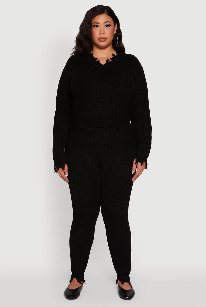 Womens Plus Crochet V-Neck Frayed Sweater,