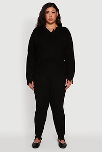 Womens Plus Crochet V-Neck Frayed Sweater,
