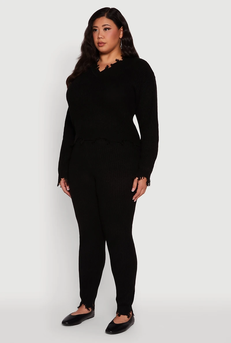 Womens Plus Crochet V-Neck Frayed Sweater,