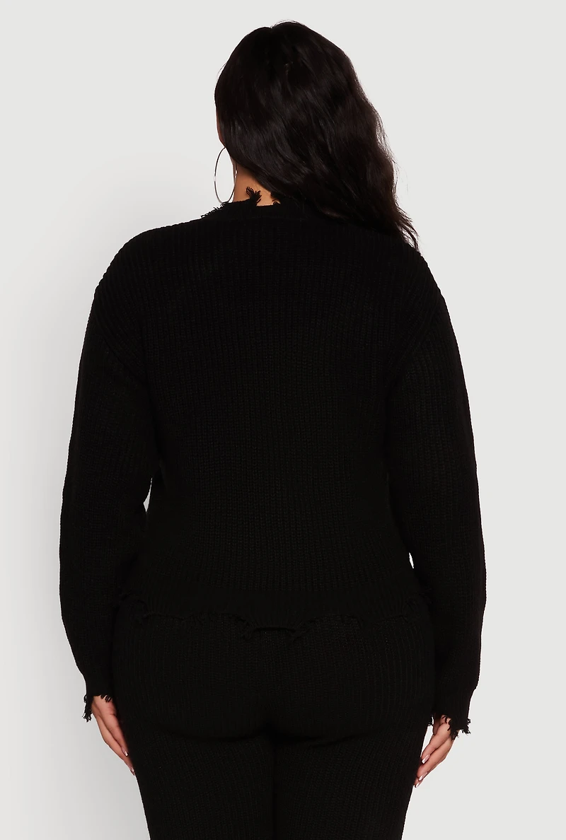 Womens Plus Crochet V-Neck Frayed Sweater,