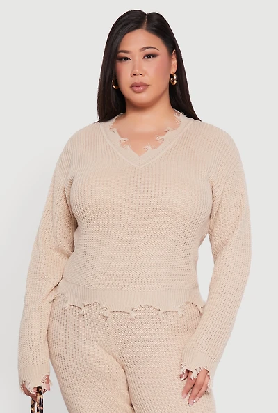 Womens Plus Crochet V-Neck Frayed Sweater, 3X