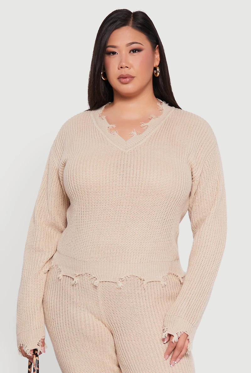 Plus Crochet V-Neck Frayed Sweater