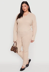 Womens Plus Crochet V-Neck Frayed Sweater, 3X