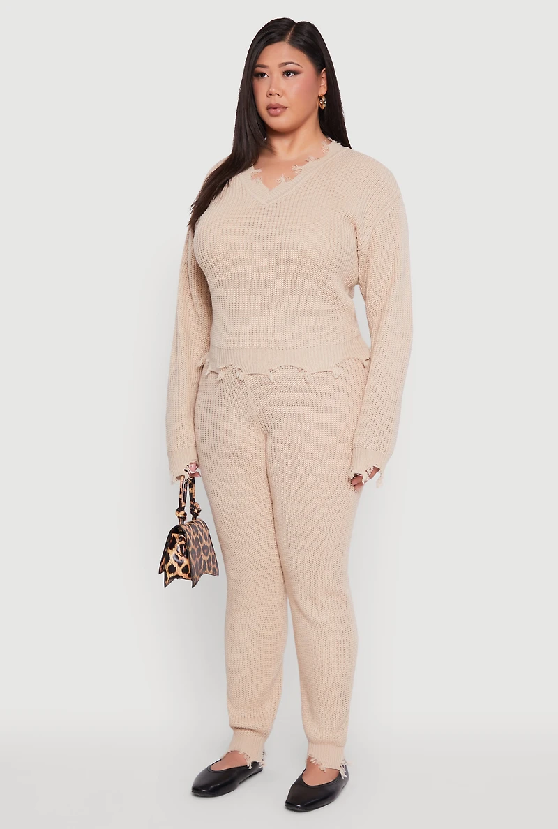 Womens Plus Crochet V-Neck Frayed Sweater, 3X