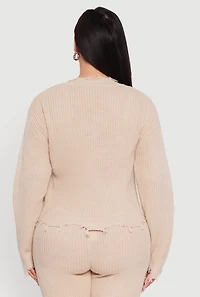 Womens Plus Crochet V-Neck Frayed Sweater, 3X