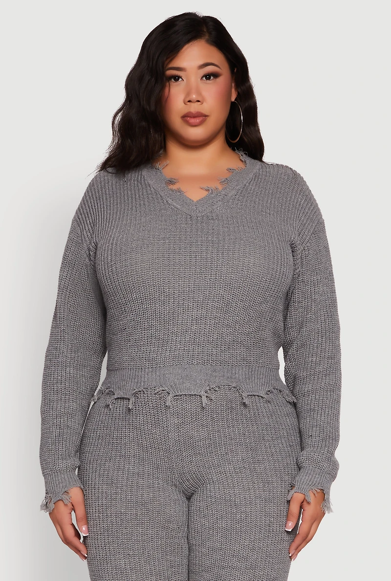 Womens Plus Size Crochet V-Neck Frayed Sweater, Grey, Size 2X