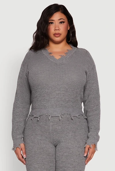 Womens Plus Size Crochet V-Neck Frayed Sweater, Grey, Size 2X
