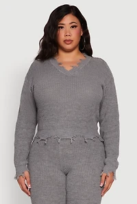 Womens Plus Size Crochet V-Neck Frayed Sweater, Grey, Size 2X