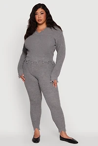 Womens Plus Size Crochet V-Neck Frayed Sweater, Grey, Size 2X