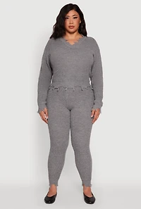 Womens Plus Size Crochet V-Neck Frayed Sweater, Grey, Size 2X