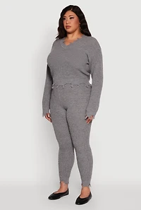 Womens Plus Size Crochet V-Neck Frayed Sweater, Grey, Size 2X