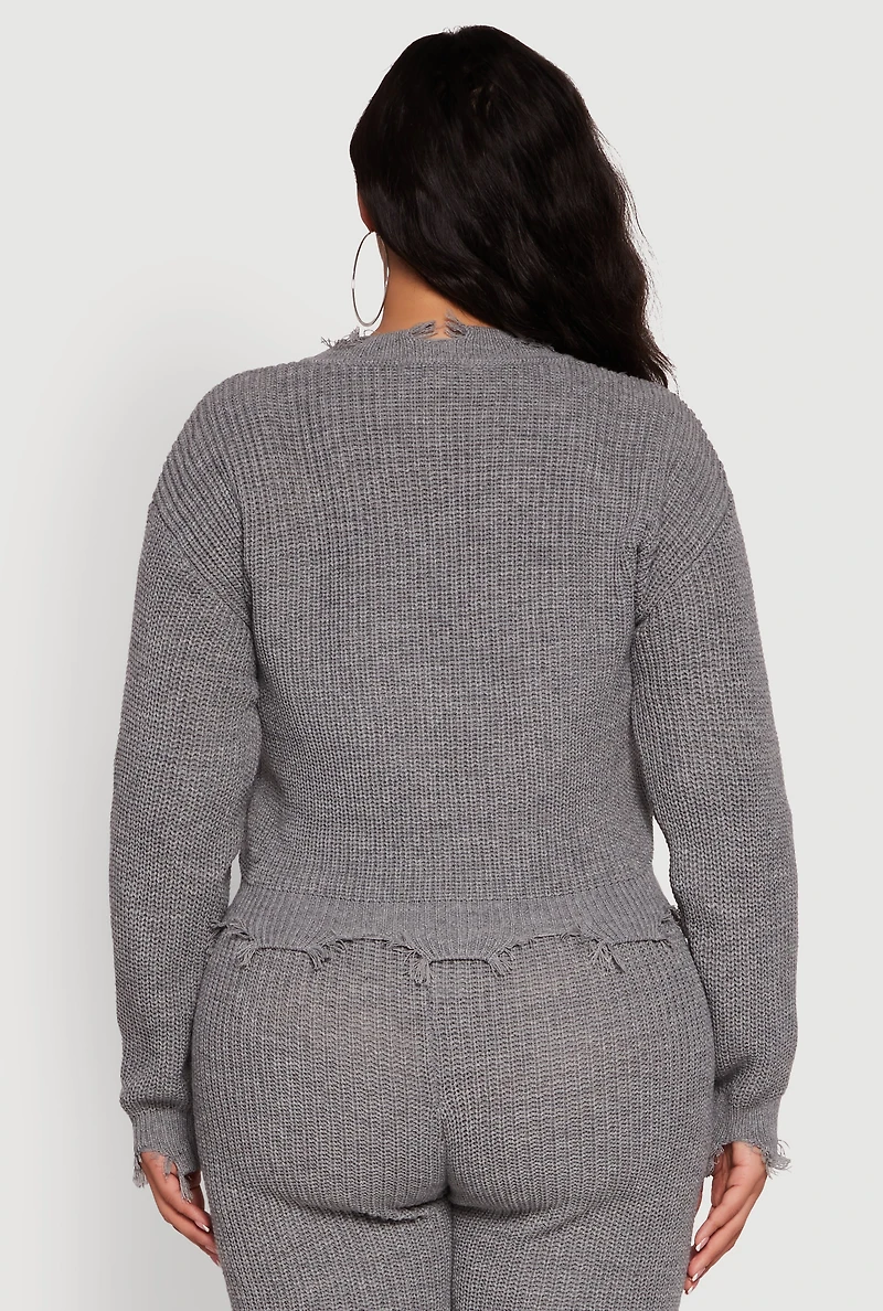 Womens Plus Crochet V-Neck Frayed Sweater, Grey,