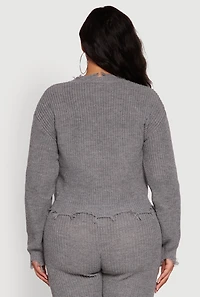Womens Plus Crochet V-Neck Frayed Sweater, Grey,