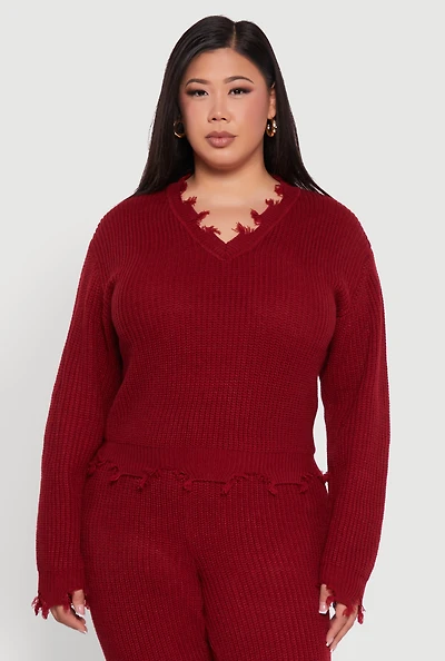 Womens Plus Size Crochet V-Neck Frayed Sweater, Burgundy, Size 1X